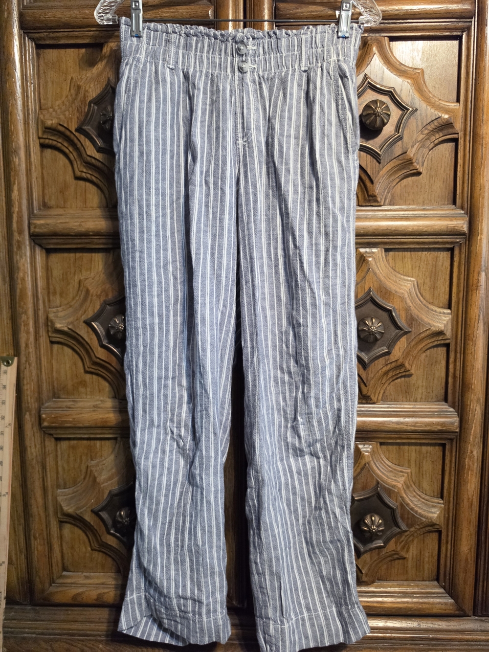 Women's Blue Striped Casual Linen Blend Pants